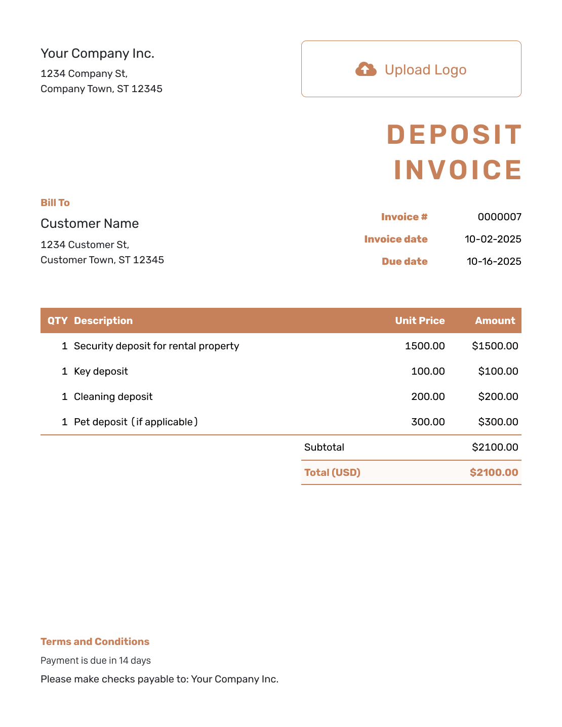 Itemized Deposit Invoice Template