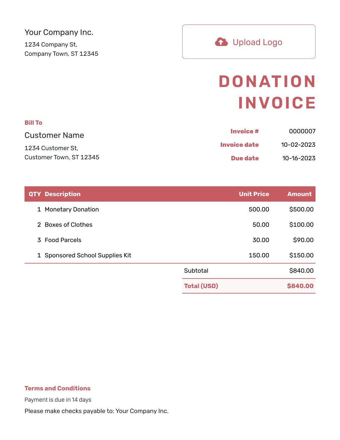 Itemized Donation Invoice Template