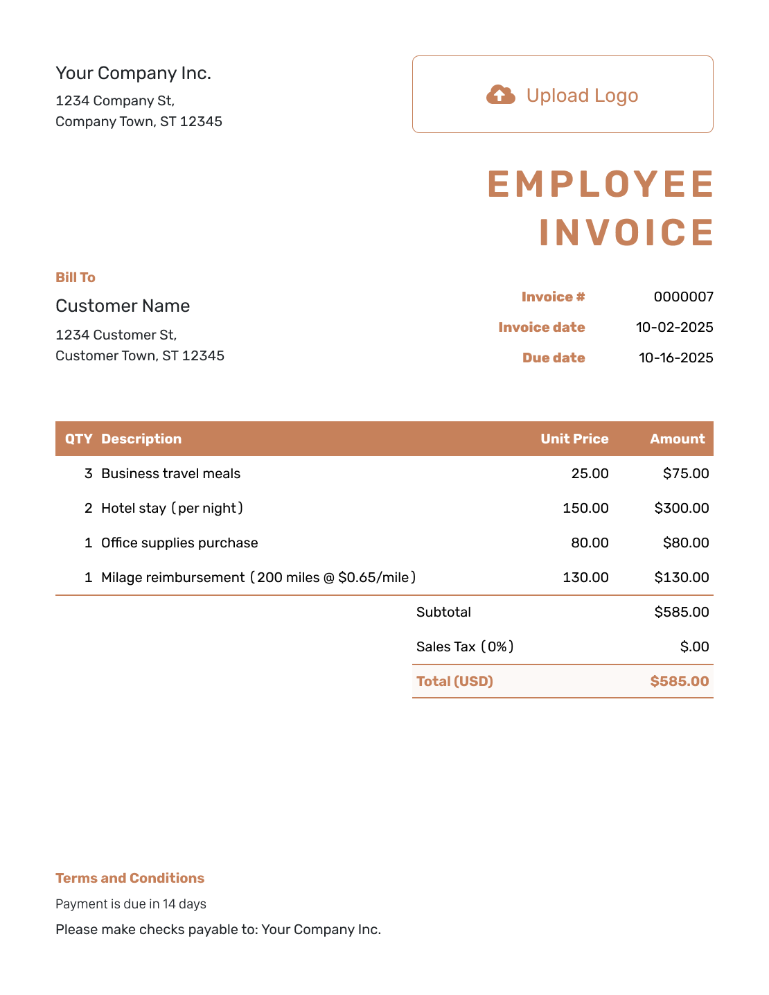 Itemized Employee Invoice Template