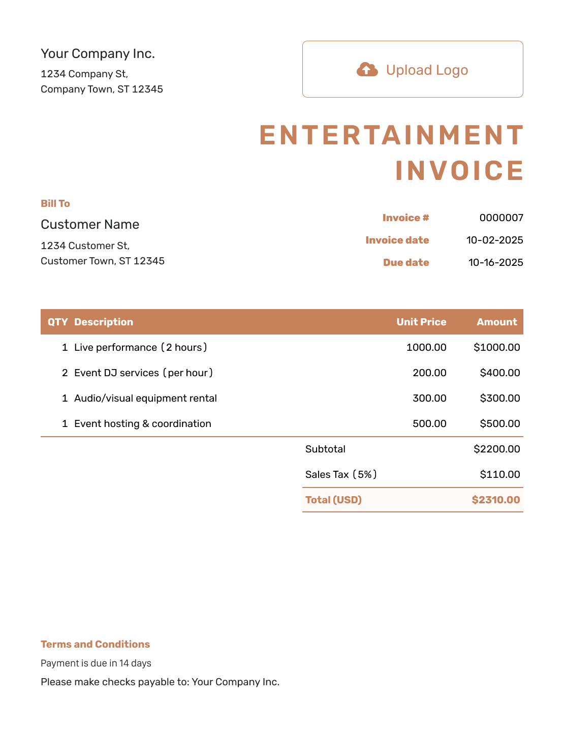 Itemized Entertainment Invoice Template