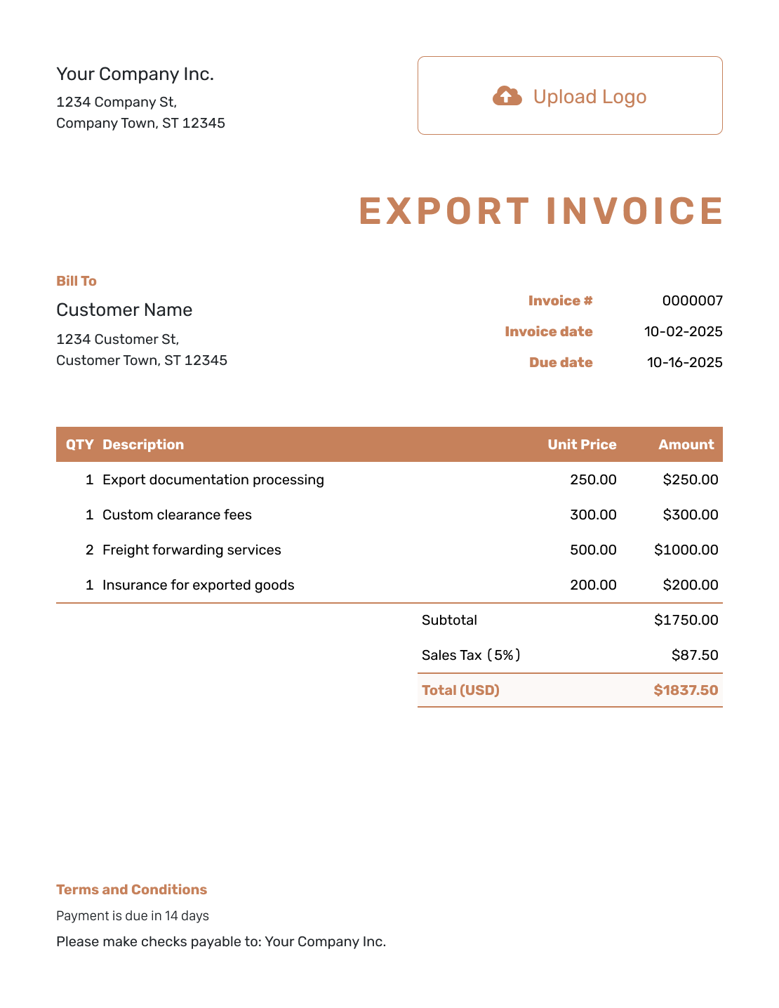 Itemized Export Invoice Template