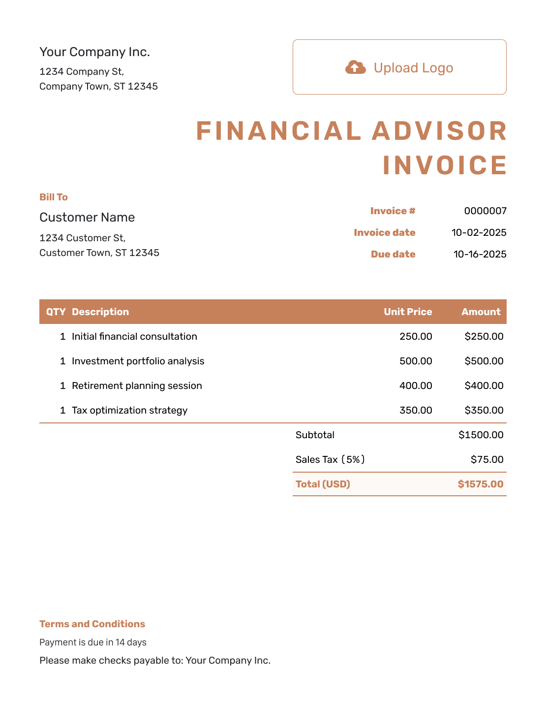 Itemized Financial Advisor Invoice Template