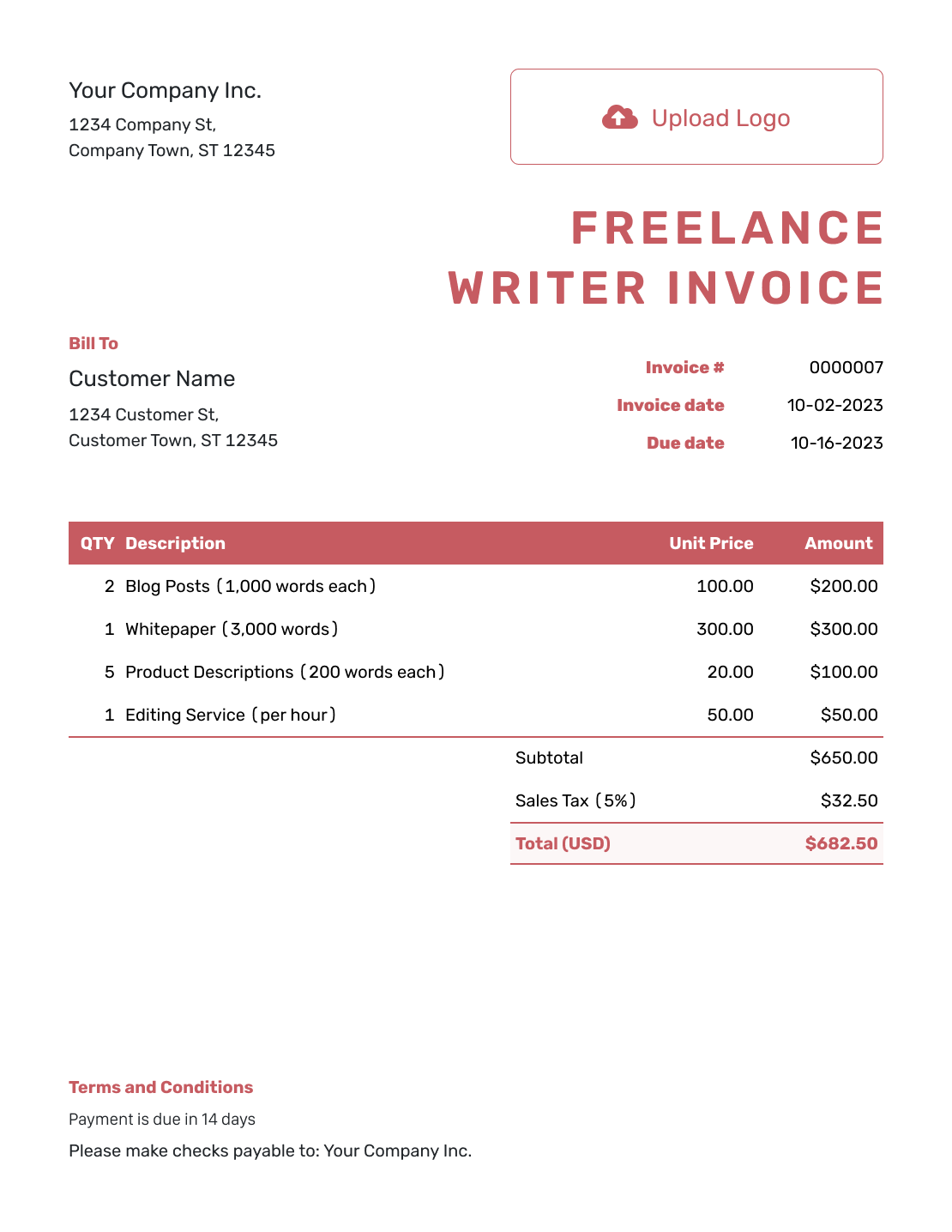 Itemized Freelance Writer Invoice Template