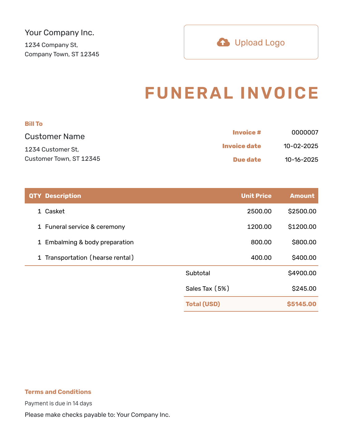 Itemized Funeral Invoice Template