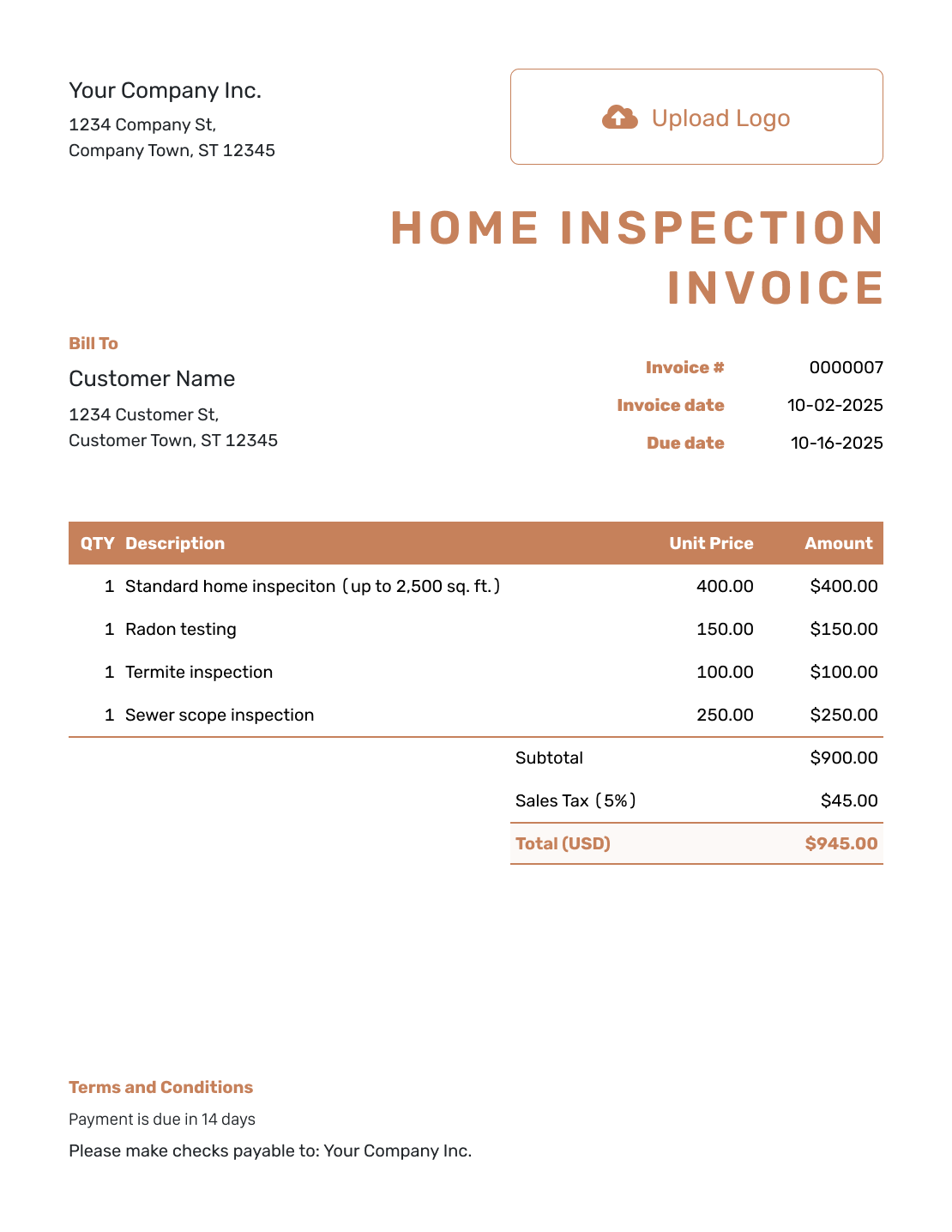 Itemized Home Inspection Invoice Template