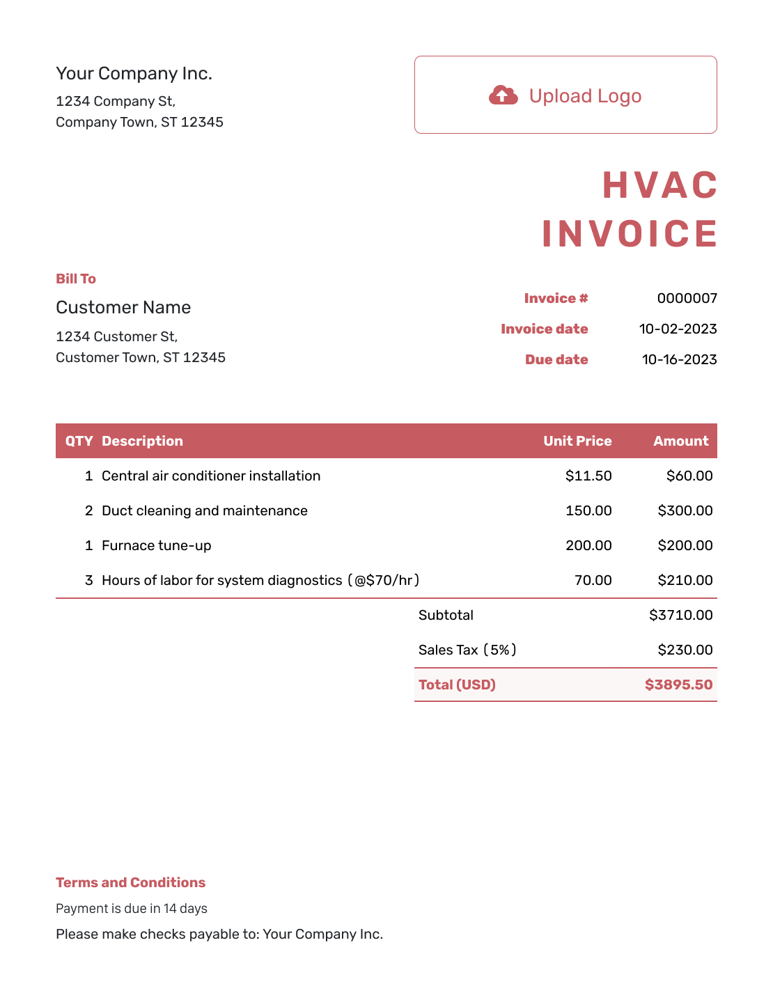 Itemized HVAC Invoice Template