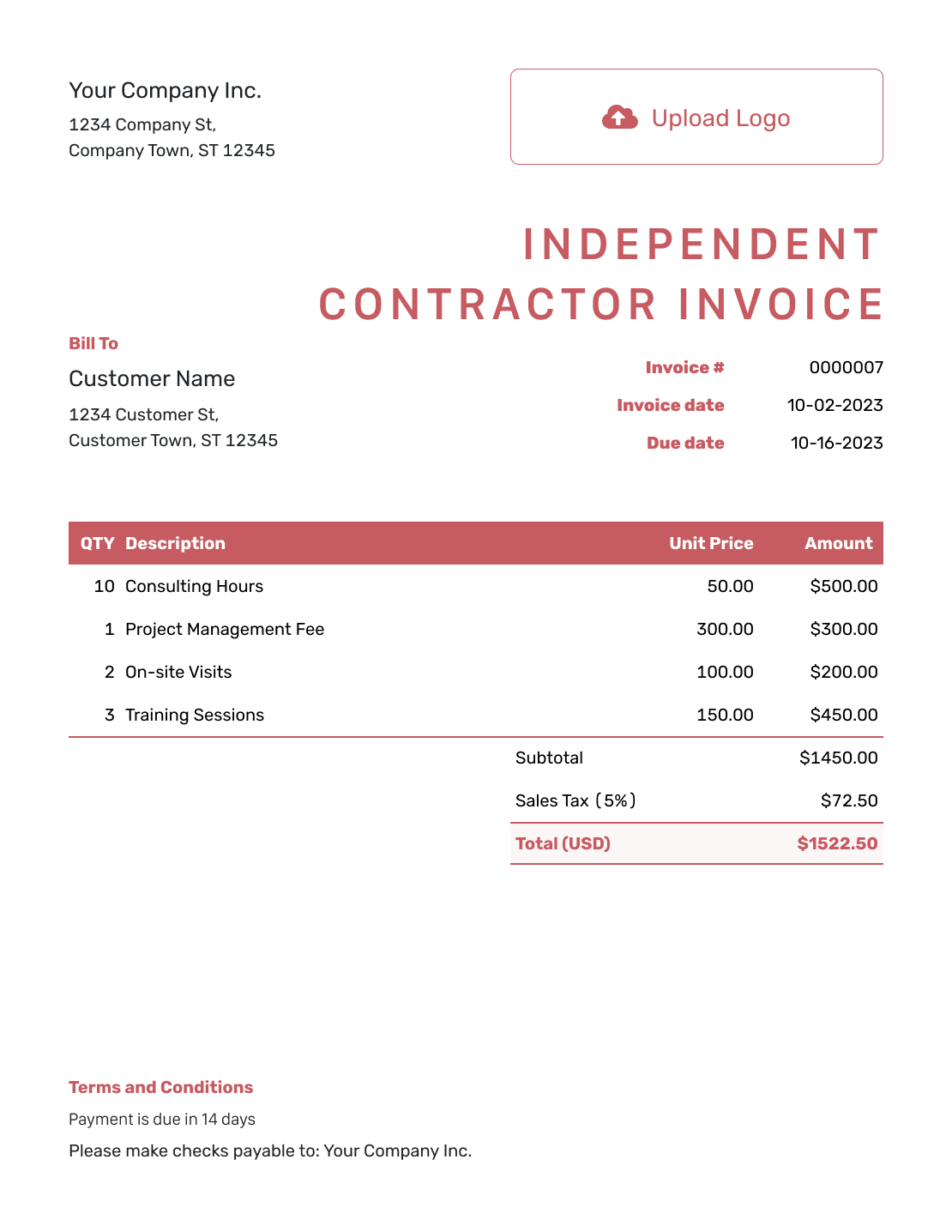 Itemized Independent Contractor Invoice Template