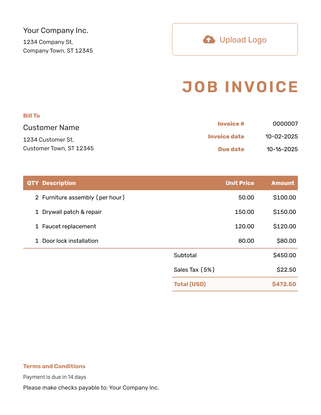 Itemized Job Invoice Template