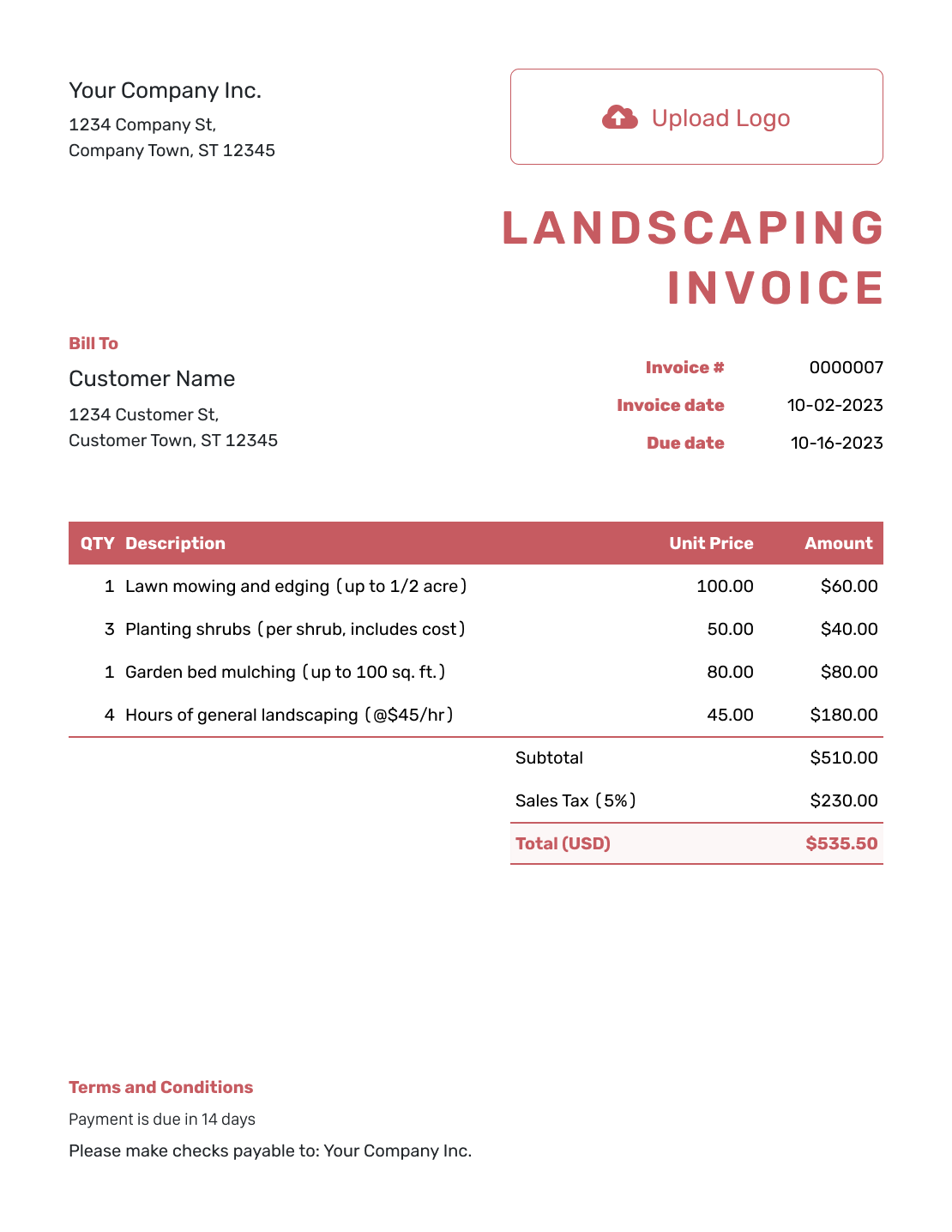 Itemized Landscaping Invoice Template