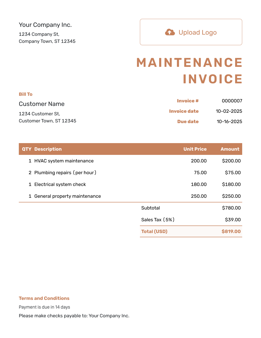 Itemized Maintenance Invoice Template