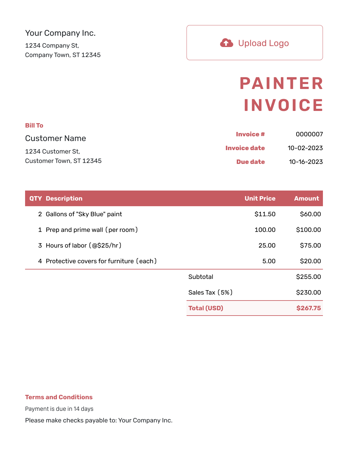 Itemized Painter Invoice Template