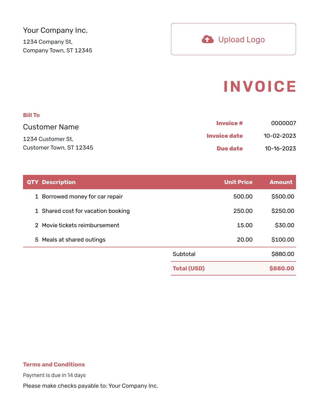 Itemized Personal Invoice Template