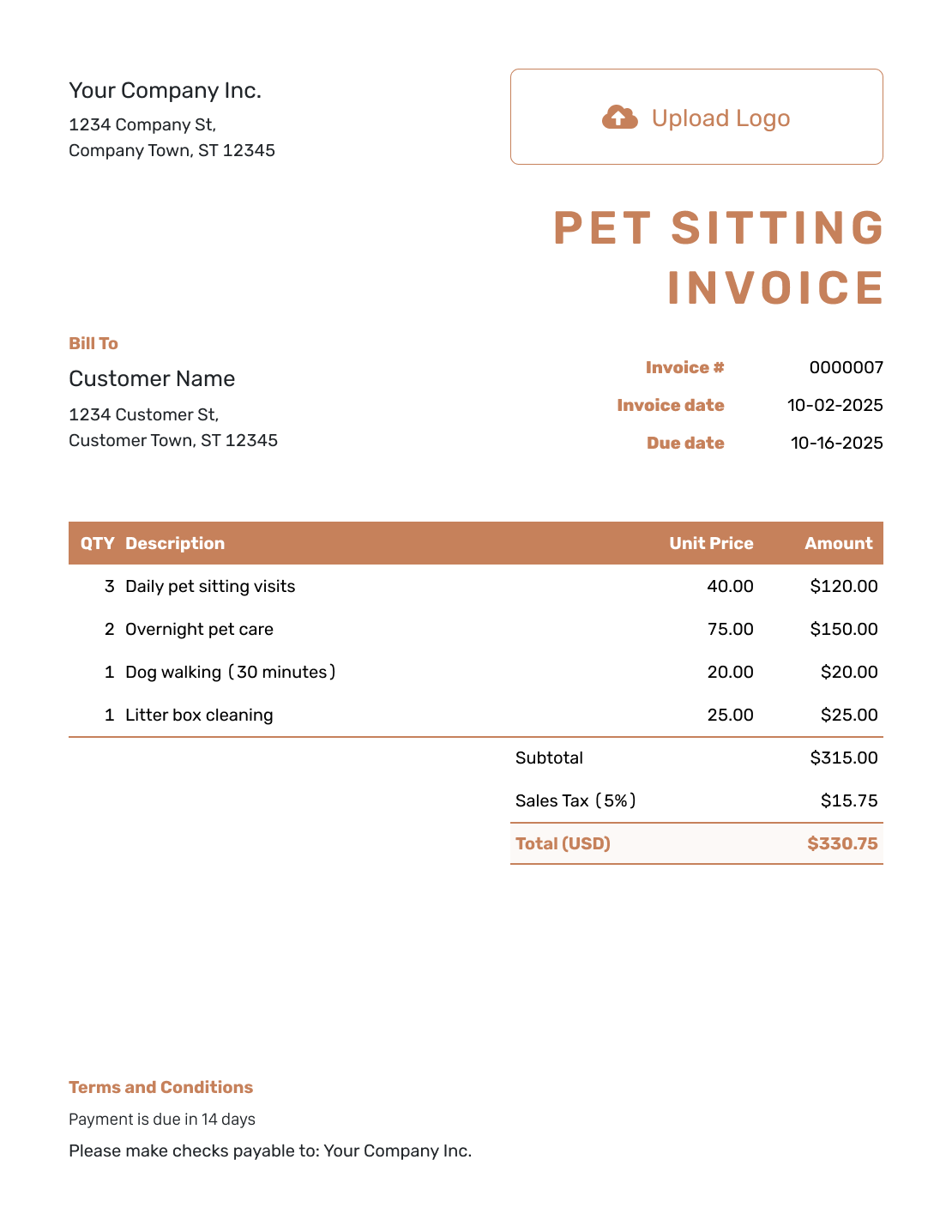 Itemized Pet Sitting Invoice Template