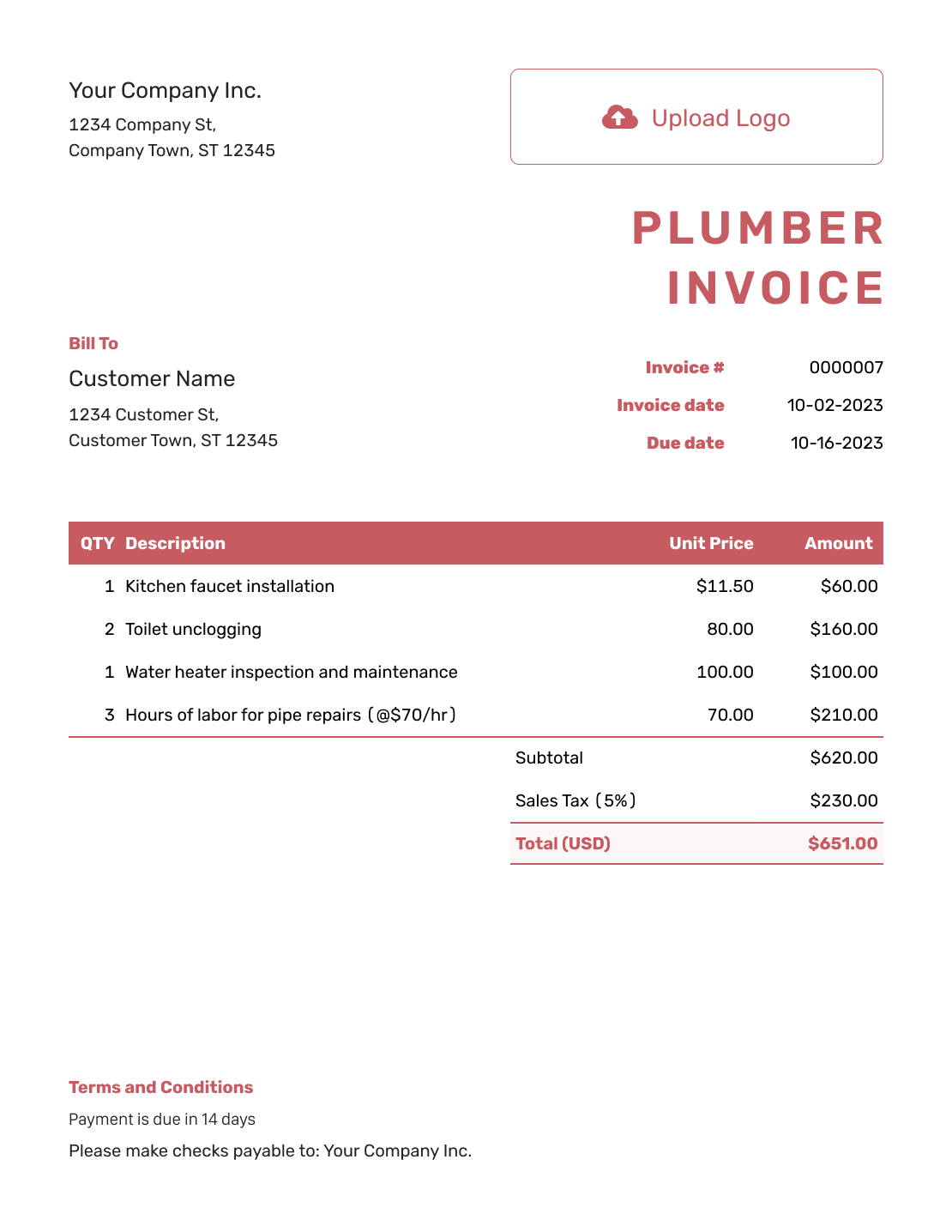 Itemized Plumber Invoice Template