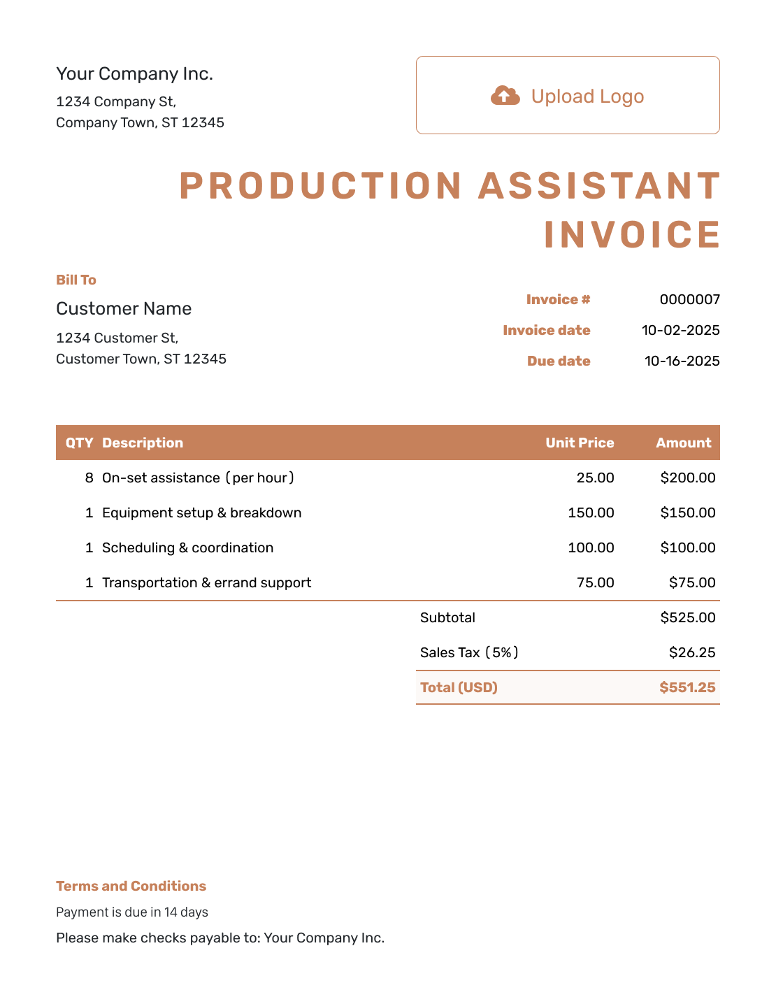 Itemized Production Assistant Invoice Template