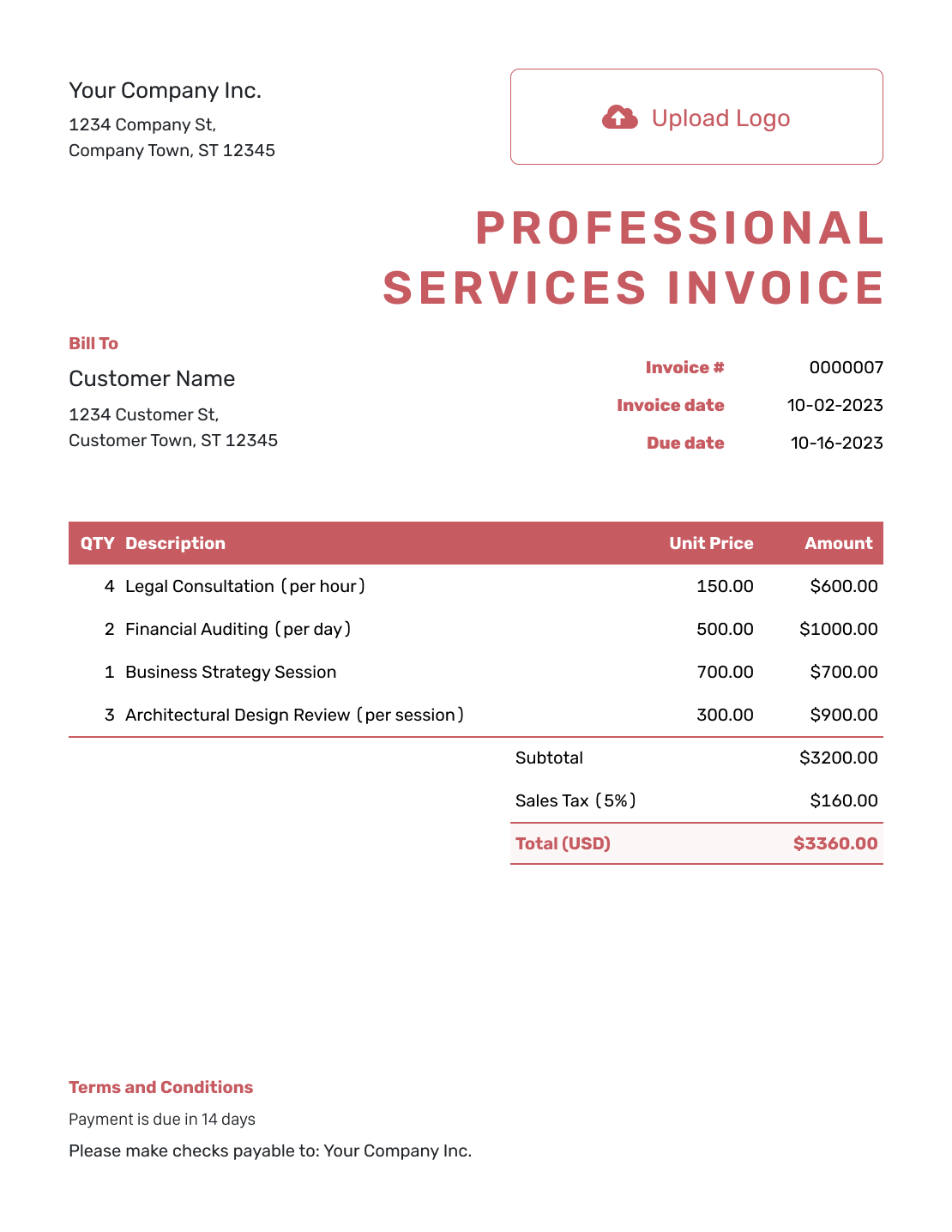 Itemized Professional Services Invoice Template
