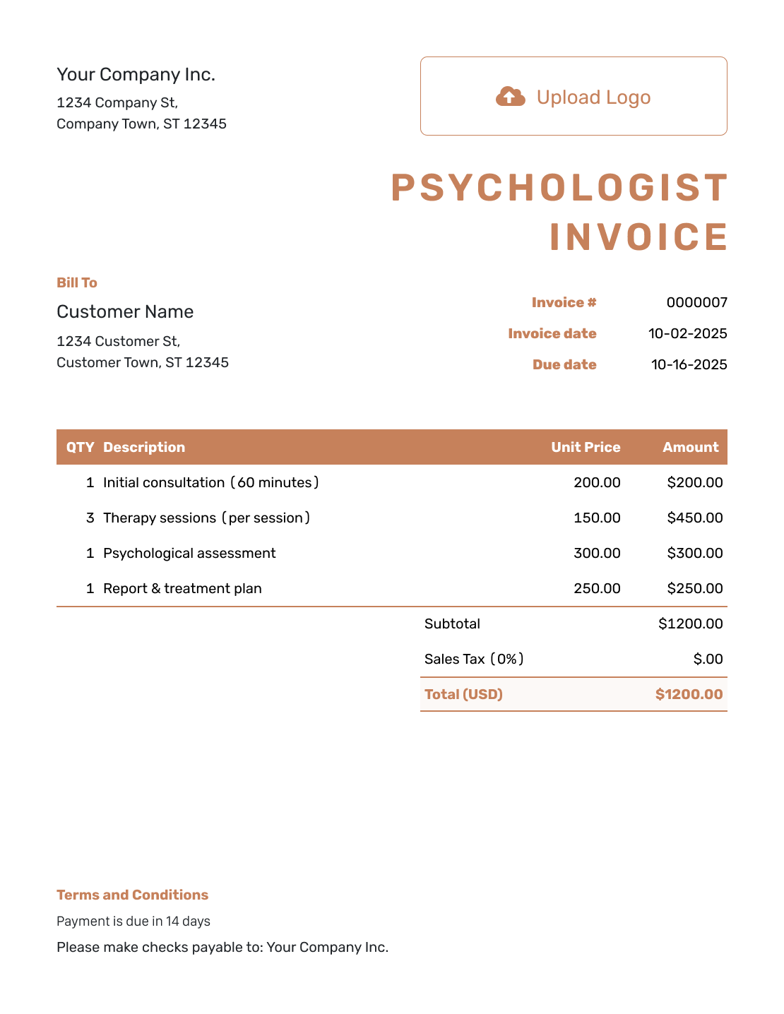 Itemized Psychologist Invoice Template