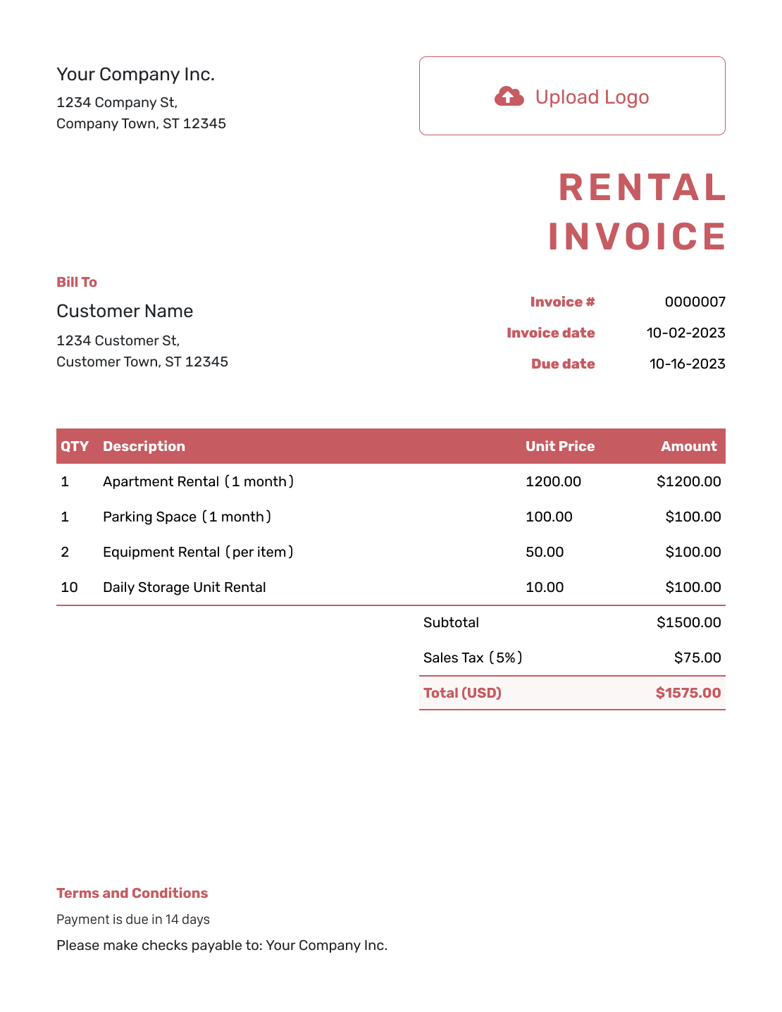 Itemized Rental Invoice Template