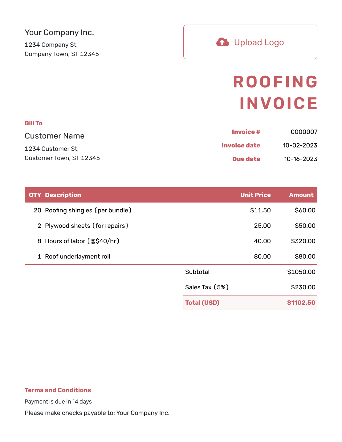 Itemized Roofing Invoice Template