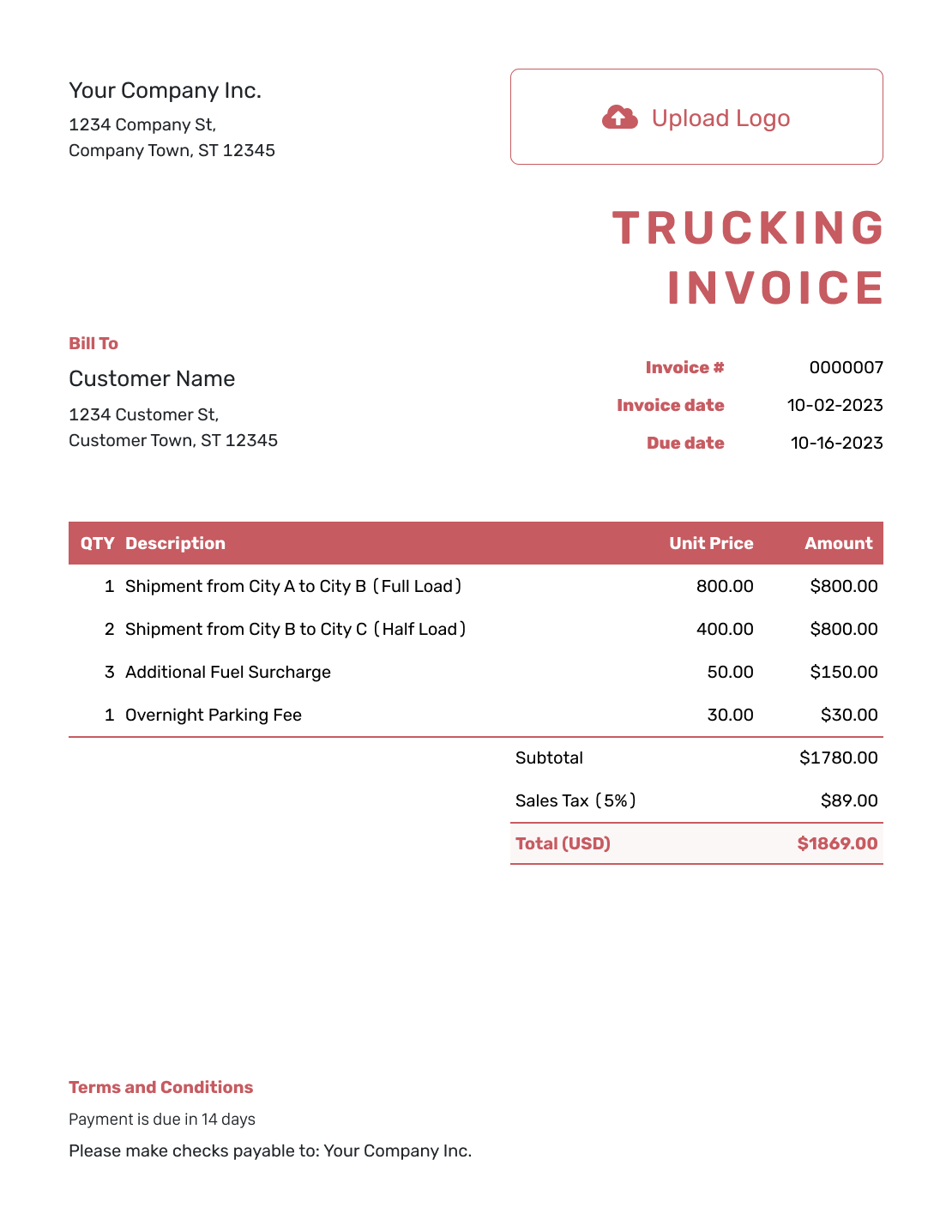 Itemized Trucking Invoice Template