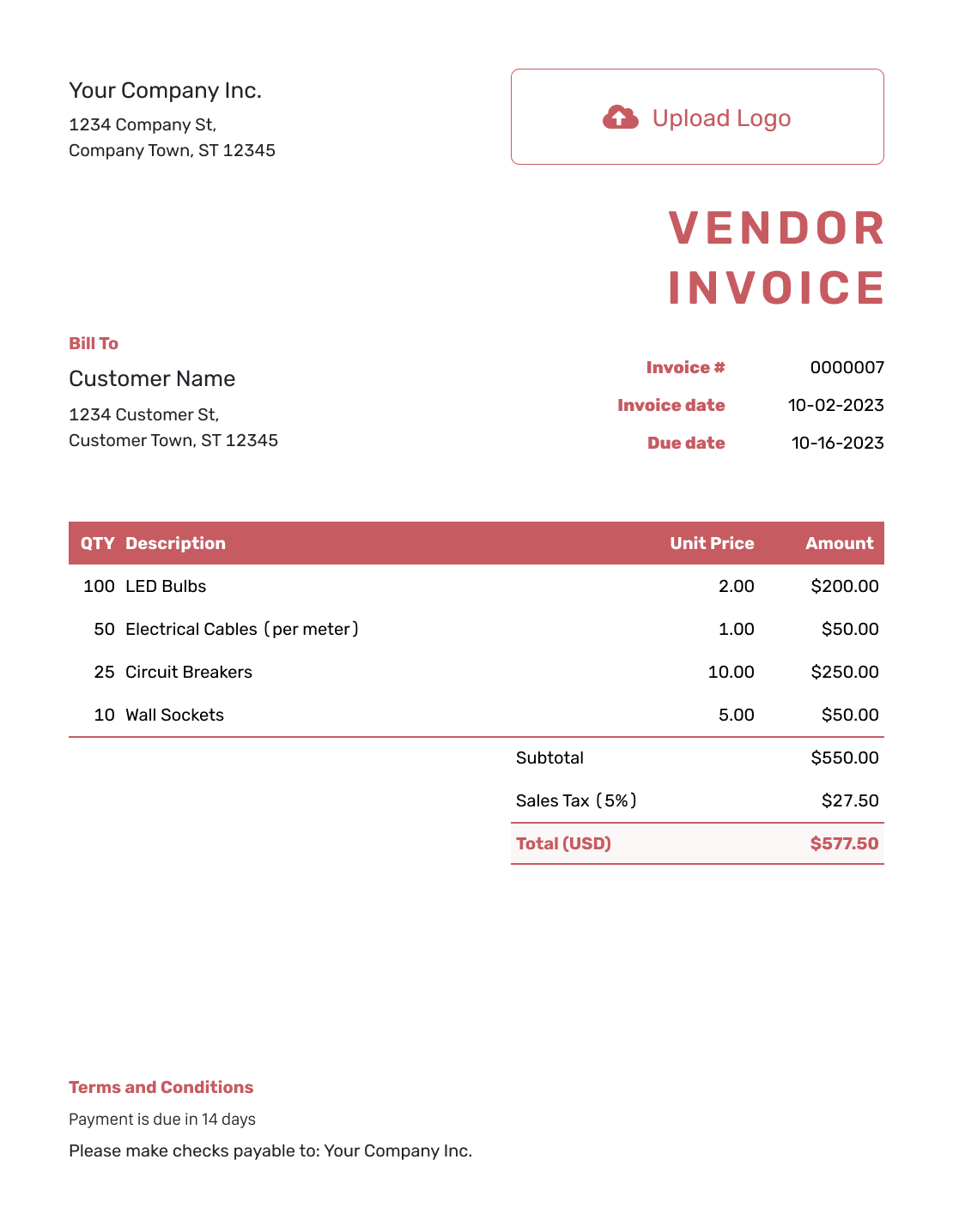 Itemized Vendor Invoice Template