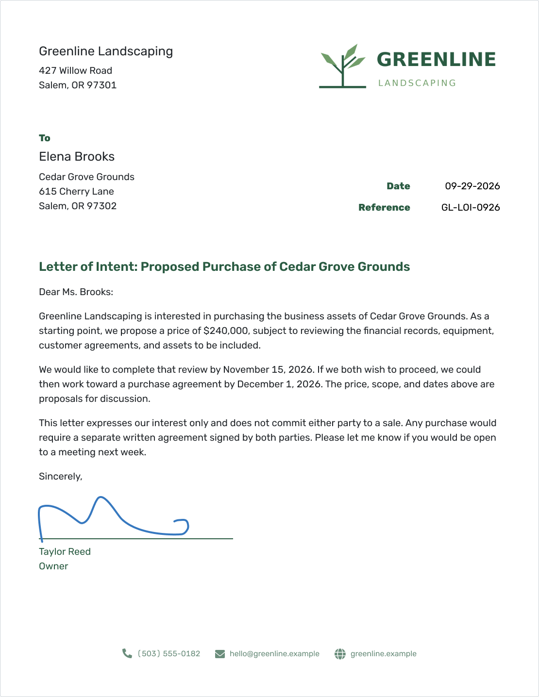 Example of a letter of intent created in Docelf