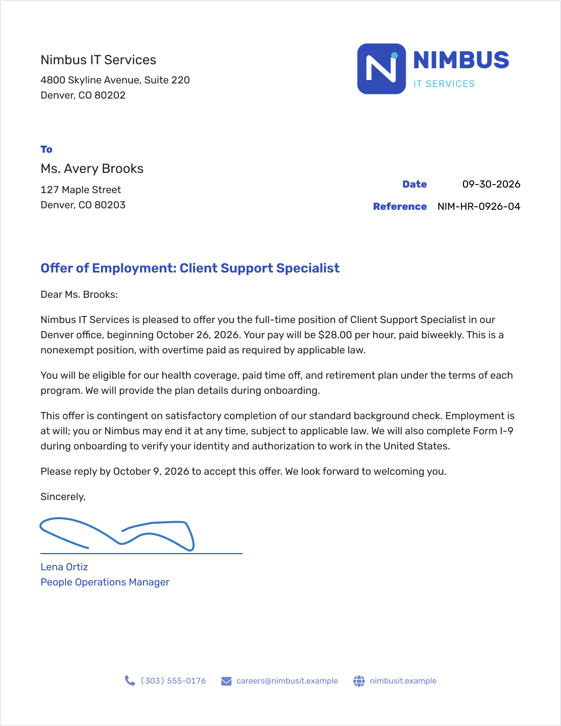 Example of a job offer letter created in Docelf