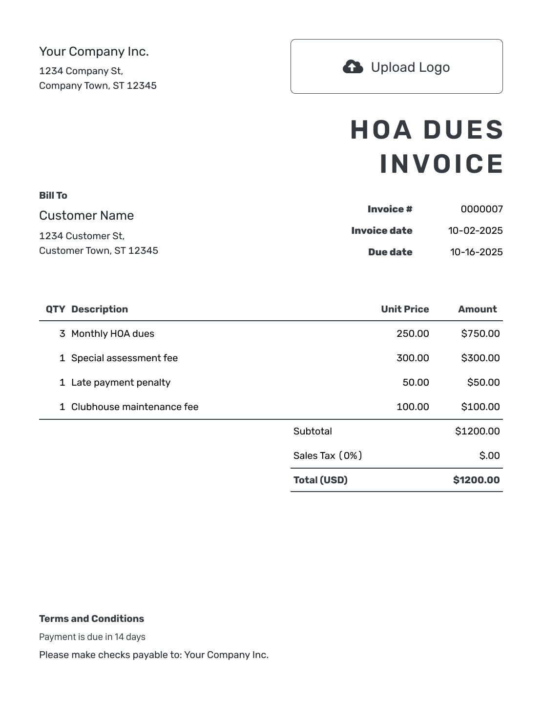 Printable HOA Dues Invoice Template