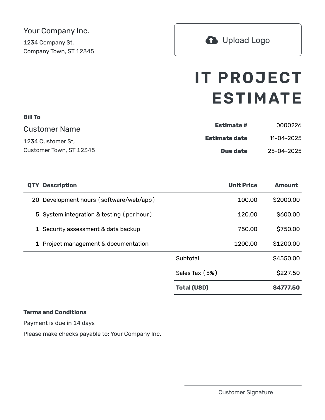 Printable IT Project Estimate Template