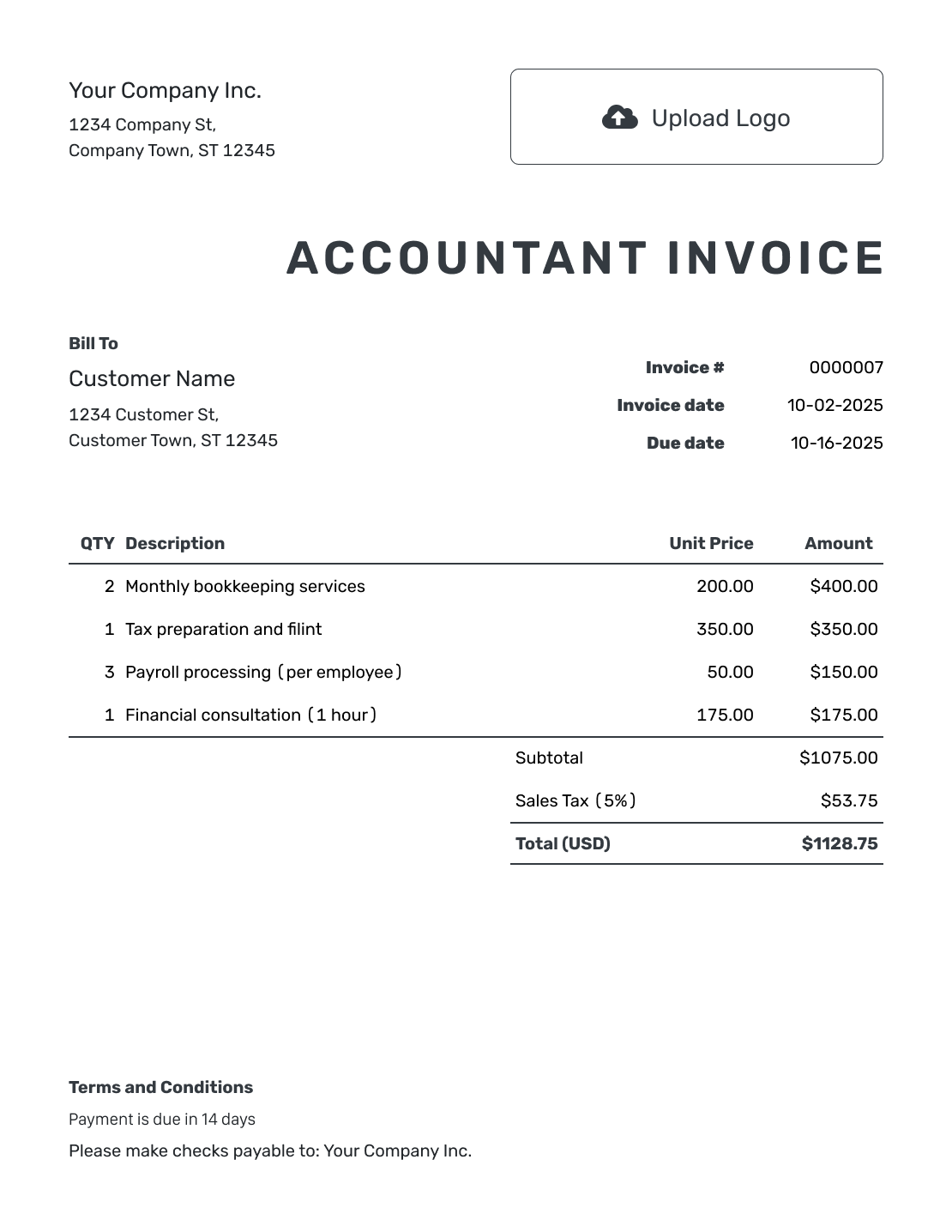 Printable Accountant Invoice Template