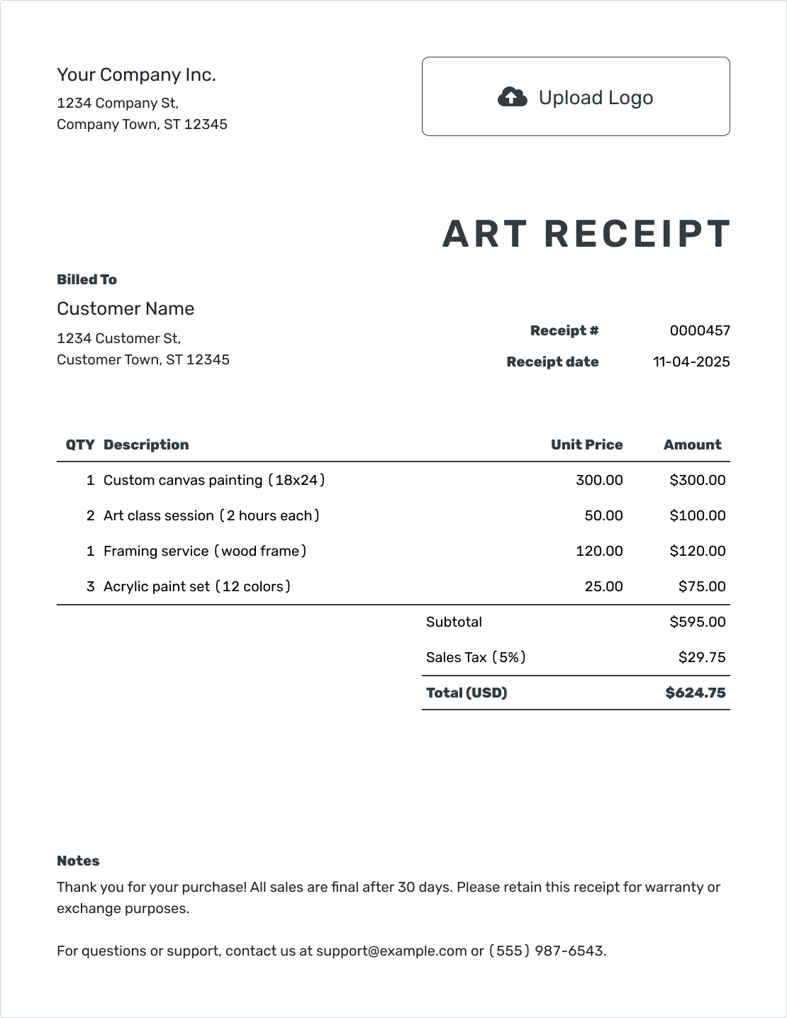 Printable Art Sale Receipt Template