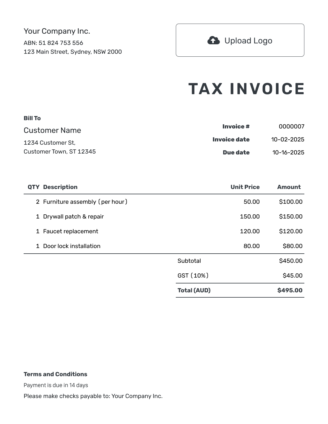 Printable Australian Invoice Template