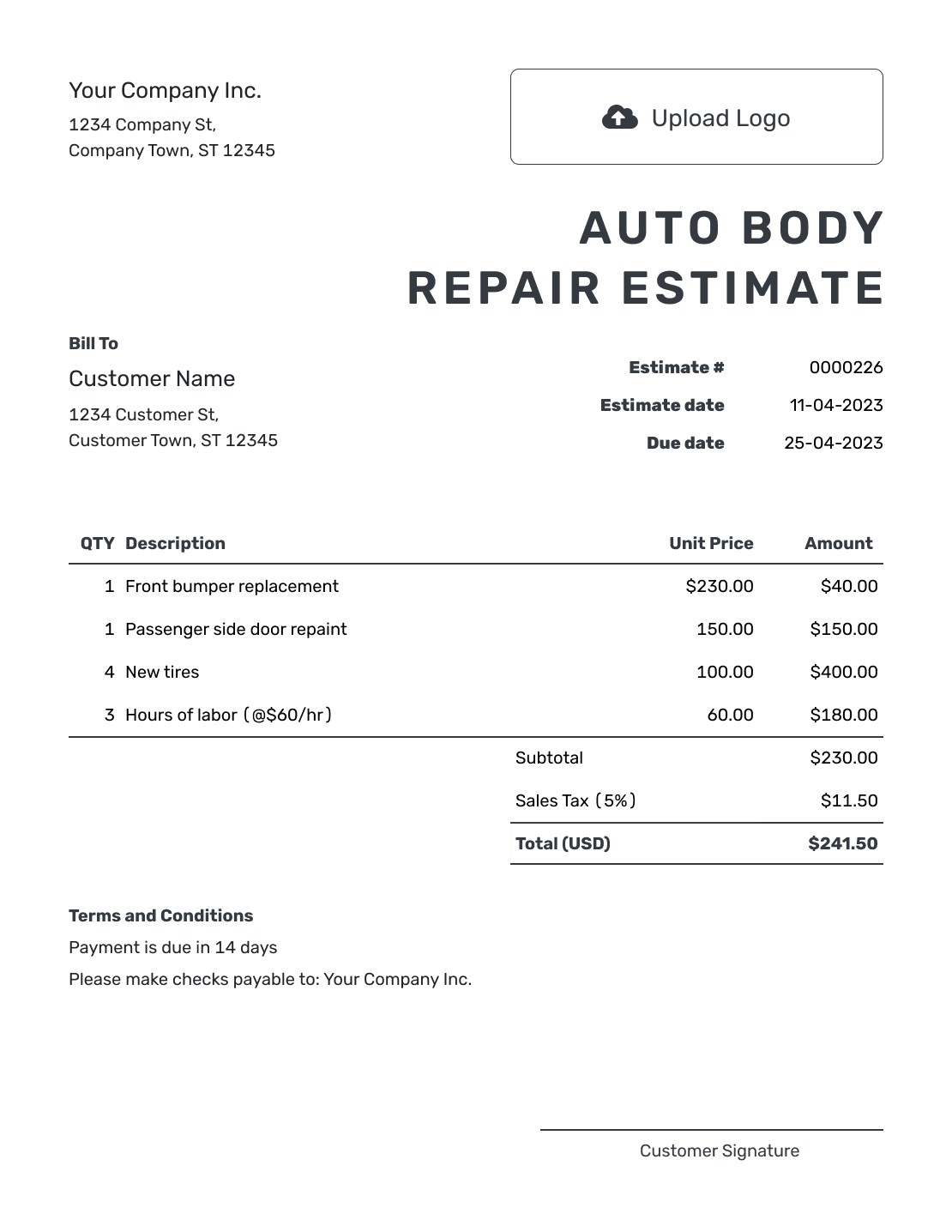 Printable Auto Body Repair Estimate Template