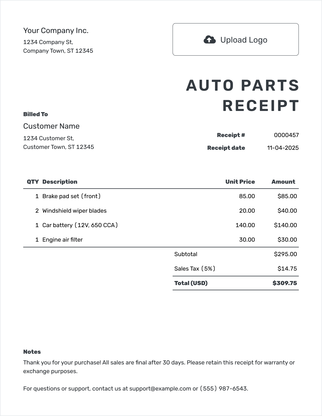 Printable Auto Parts Receipt Template