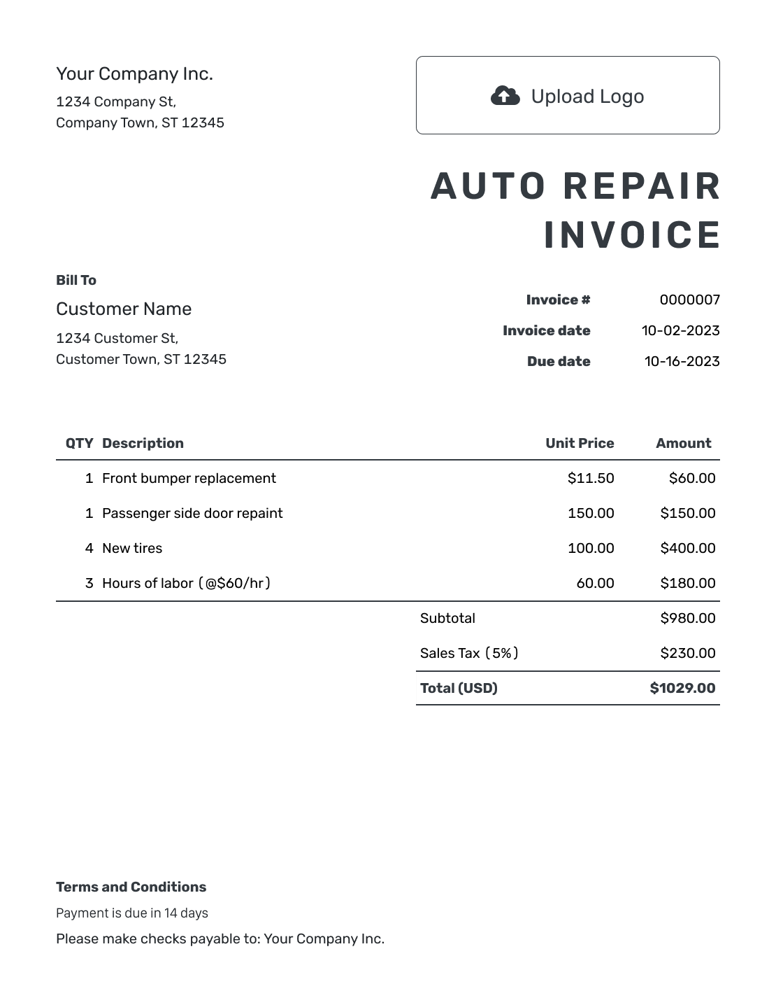 Printable Auto Repair Invoice Template
