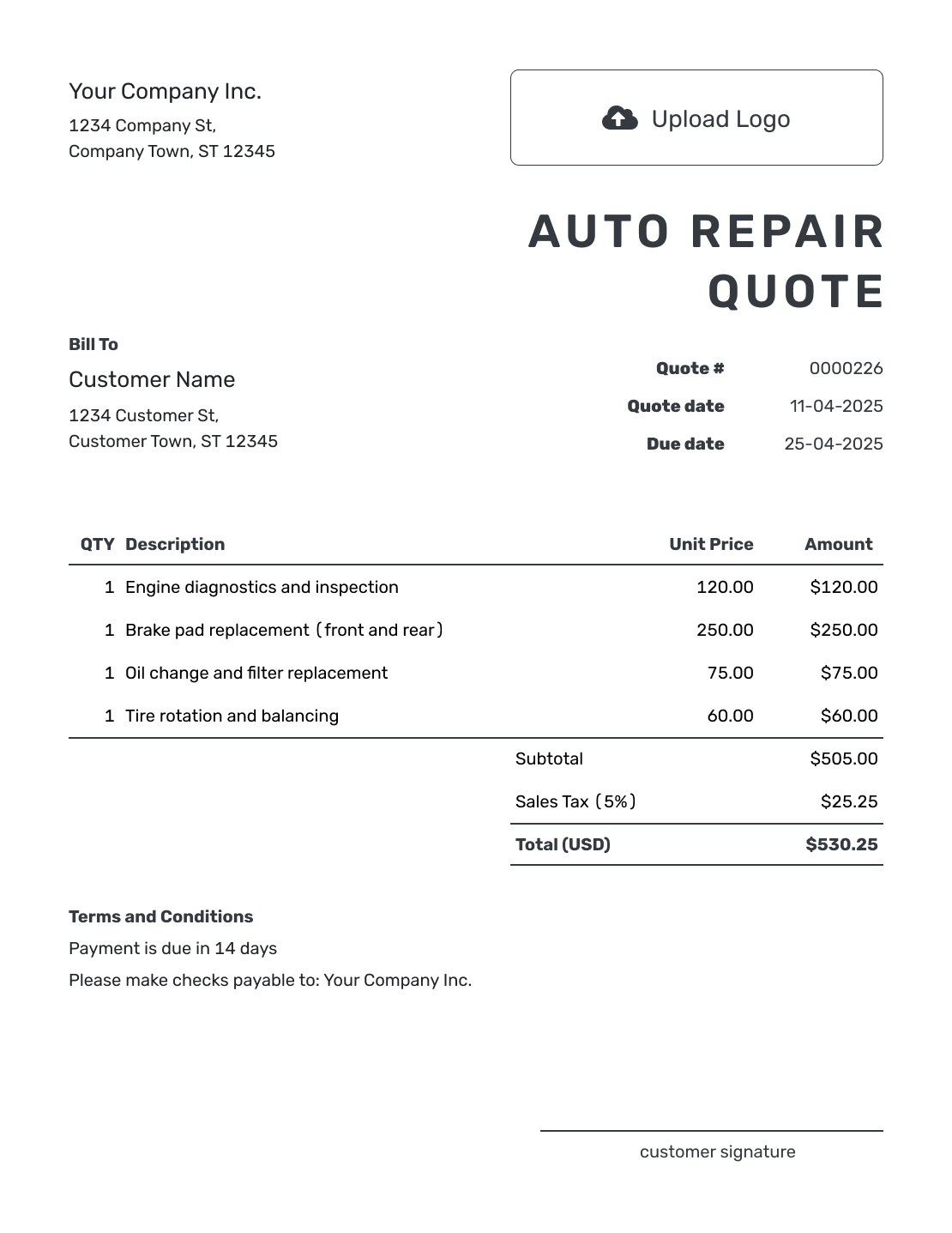 Printable Auto Repair Quote Template