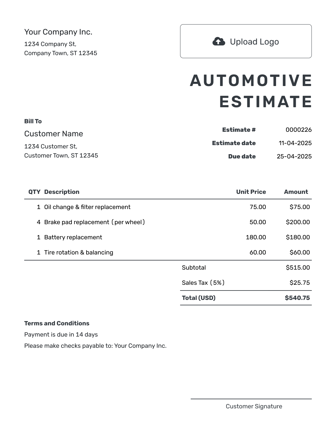 Printable Automotive Estimate Template