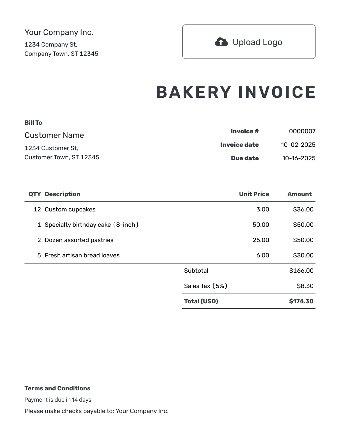 Printable Bakery Invoice Template