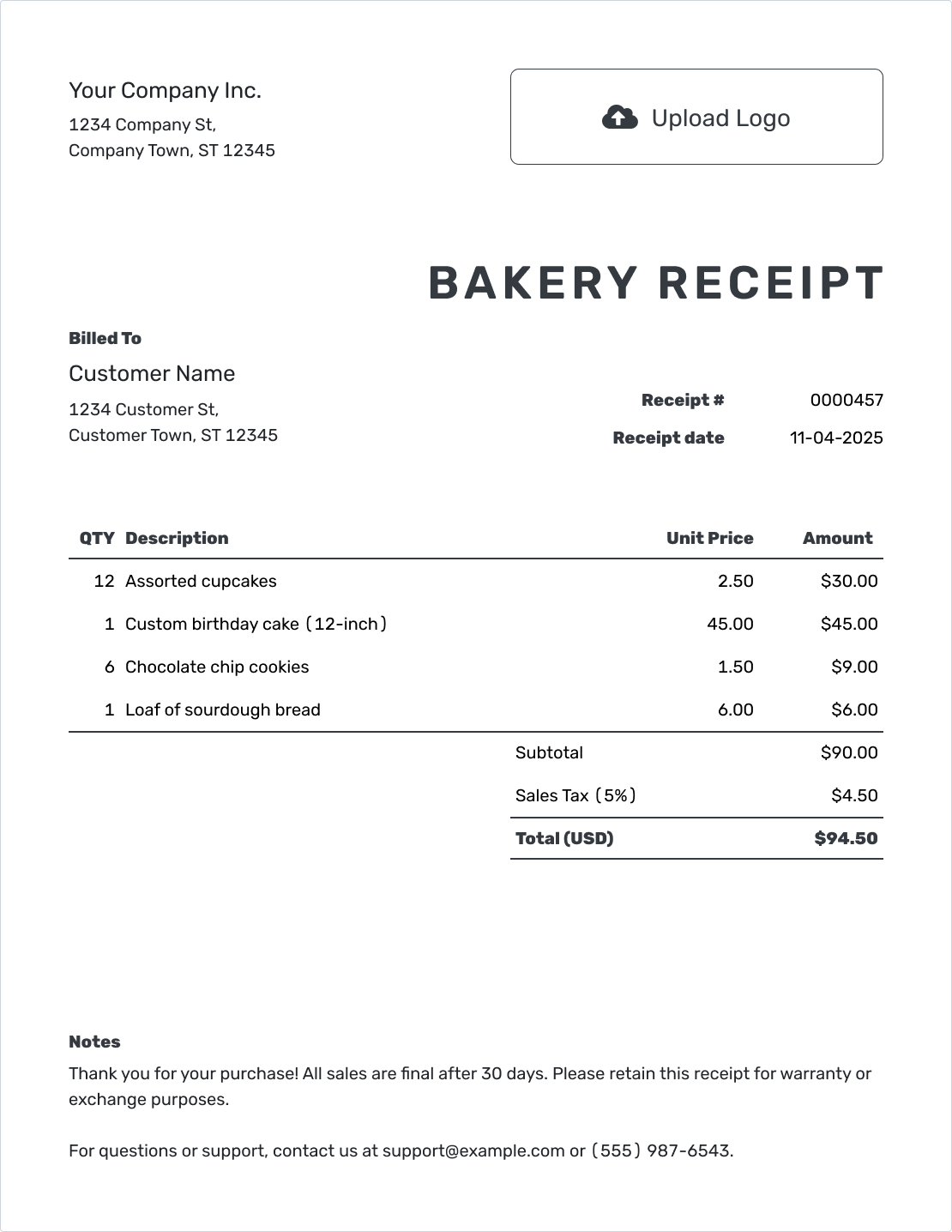 Printable Bakery Receipt Template