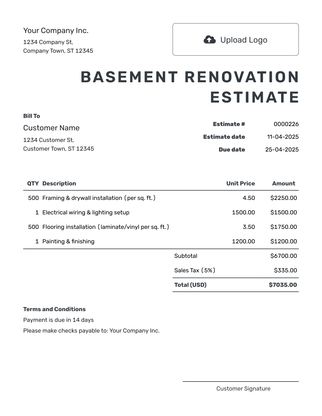 Printable Basement Renovation Estimate Template