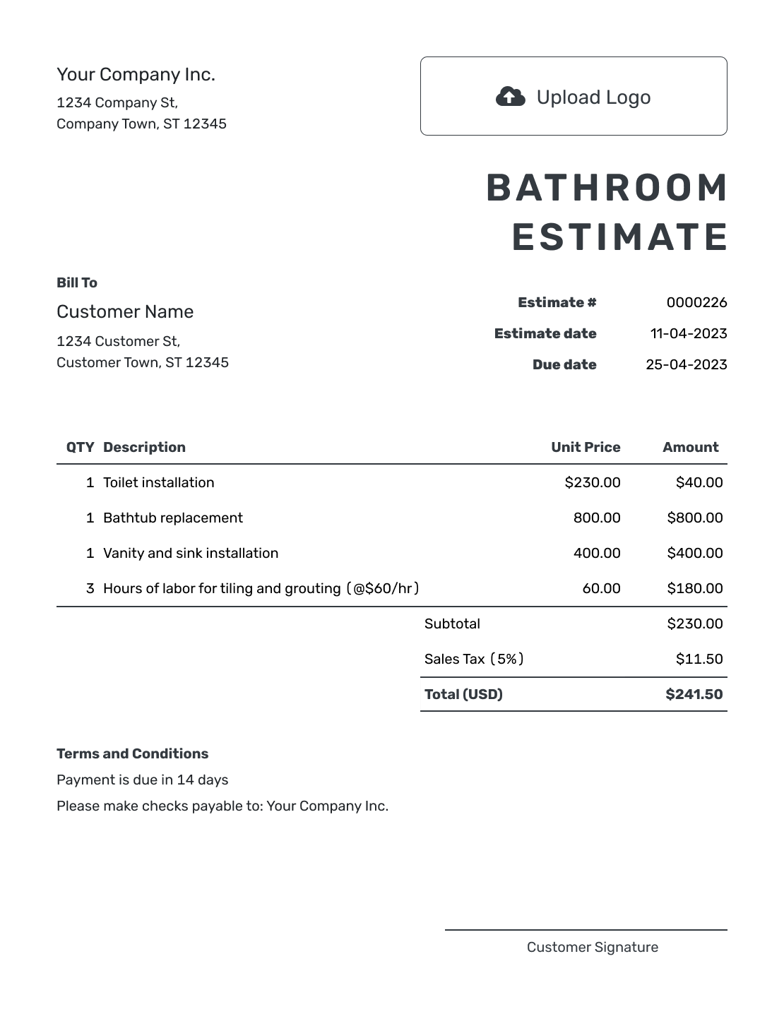 Printable Bathroom Estimate Template