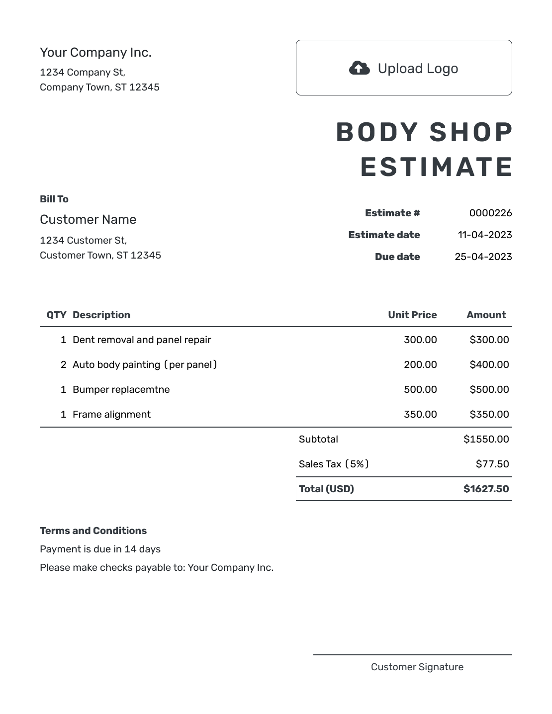 Printable Body Shop Estimate Template