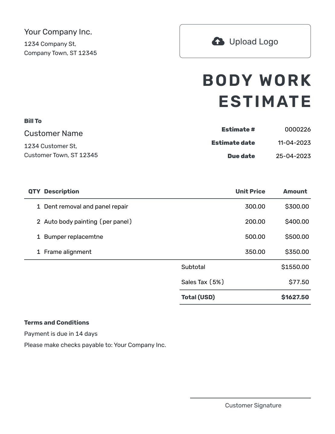 Printable Body Work Estimate Template