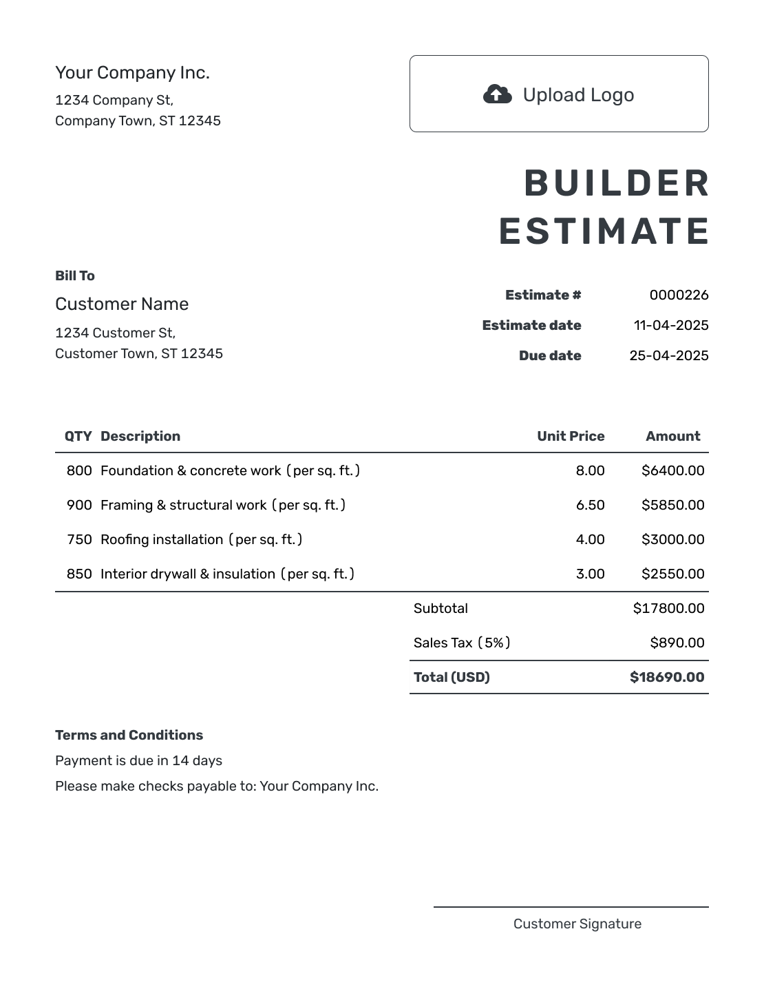 Printable Builder Estimate Template