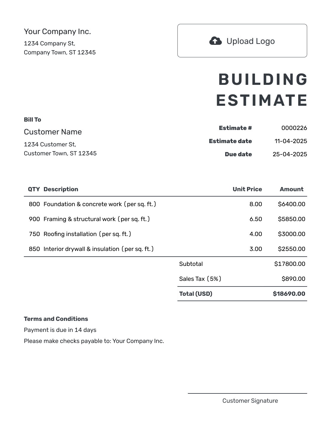 Printable Building Estimate Template