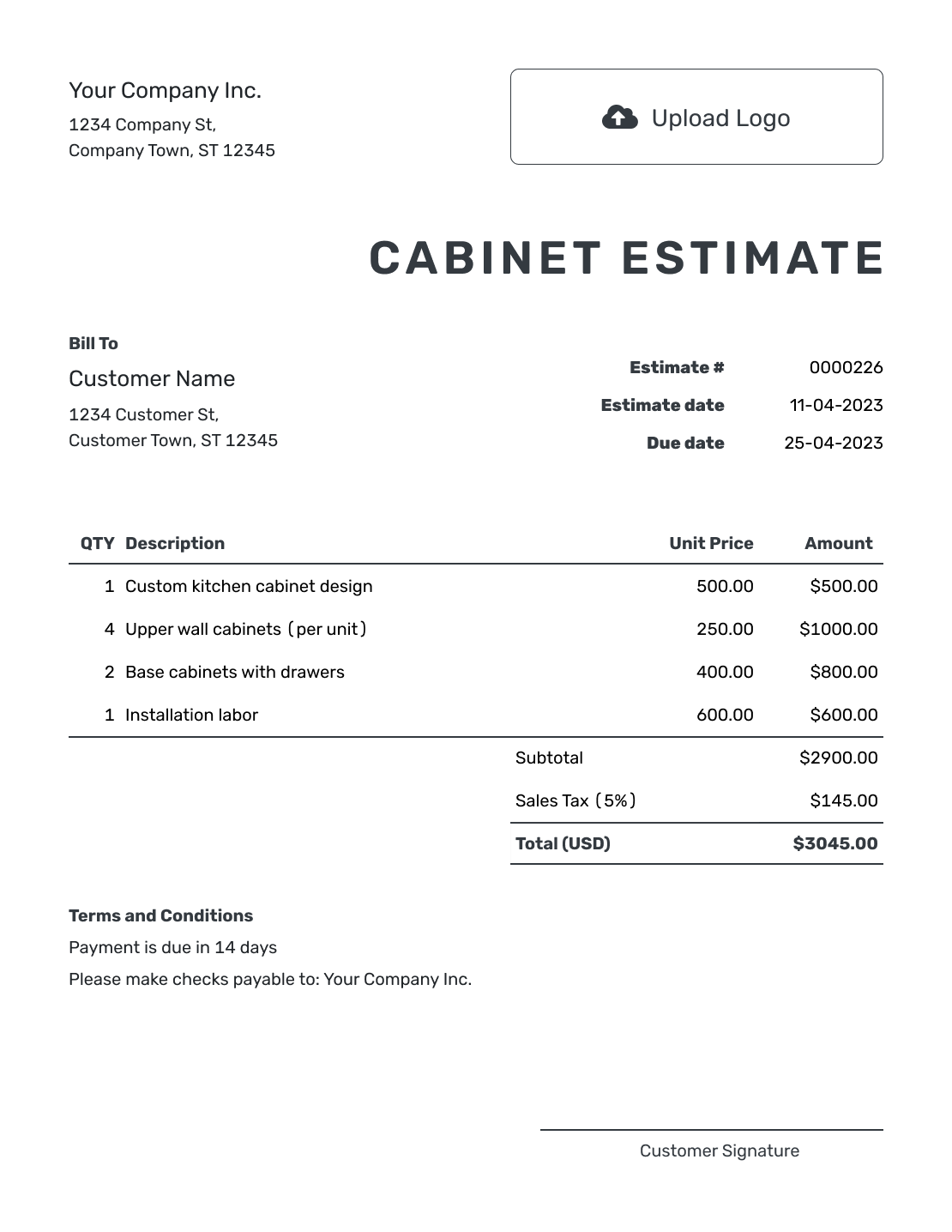 Printable Cabinet Estimate Template