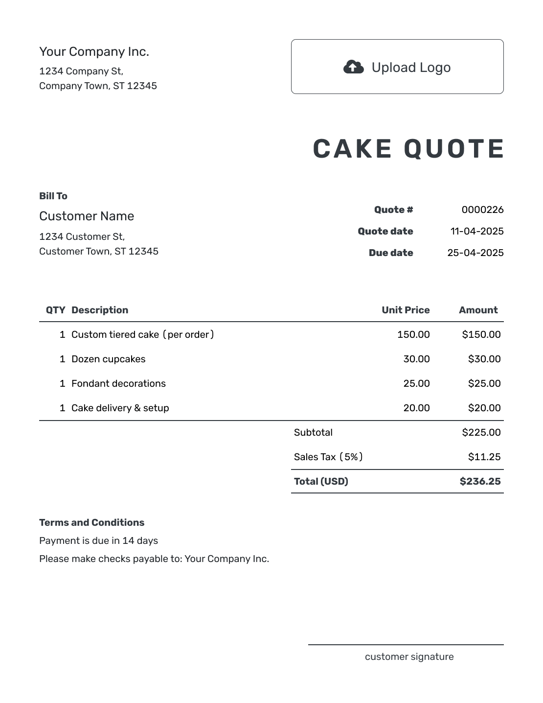 Printable Cake Quote Template