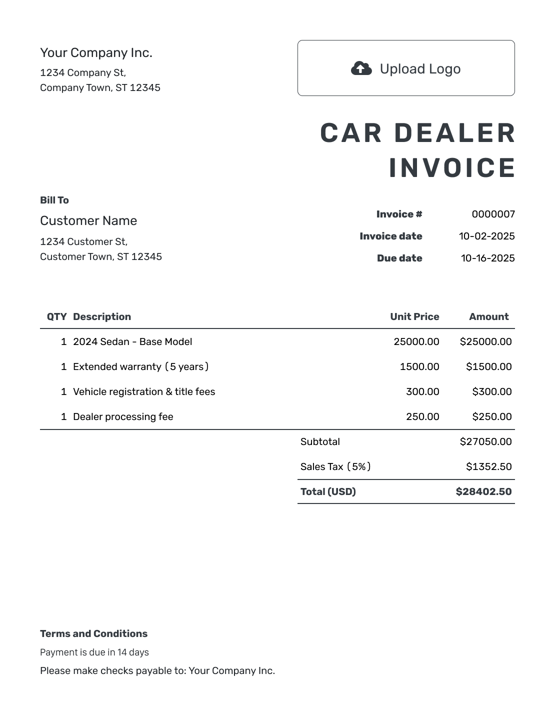 Printable Car Dealer Invoice Template