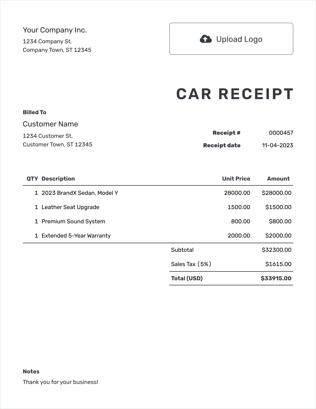 Printable Car Receipt Template