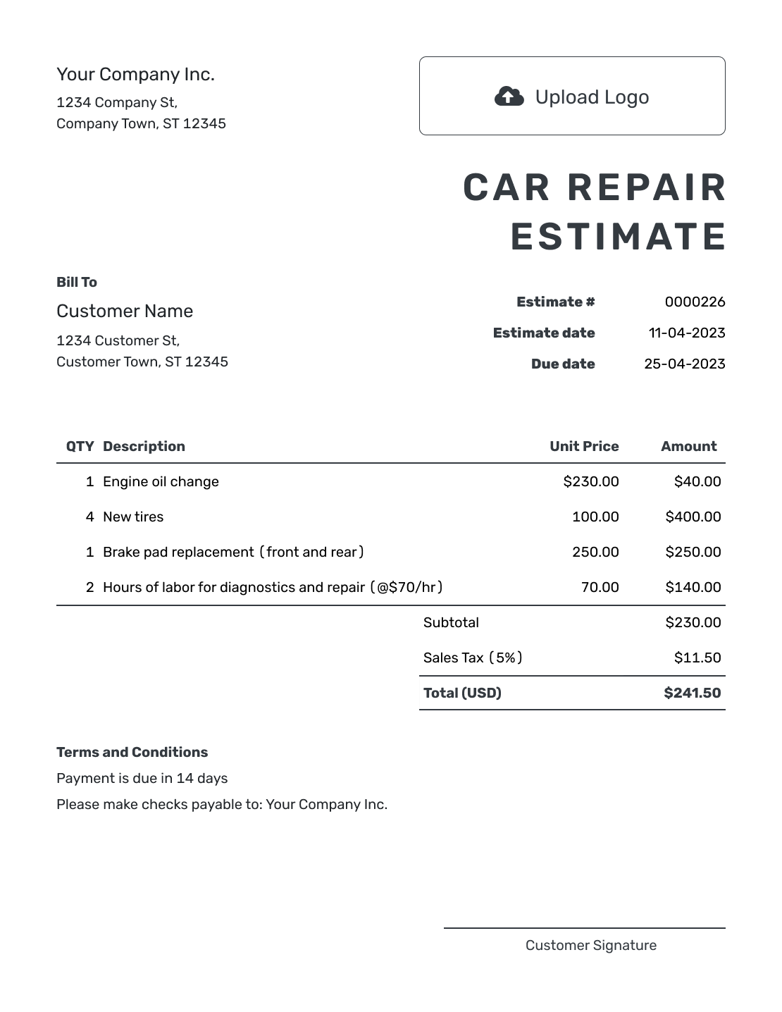 Printable Car Repair Estimate Template